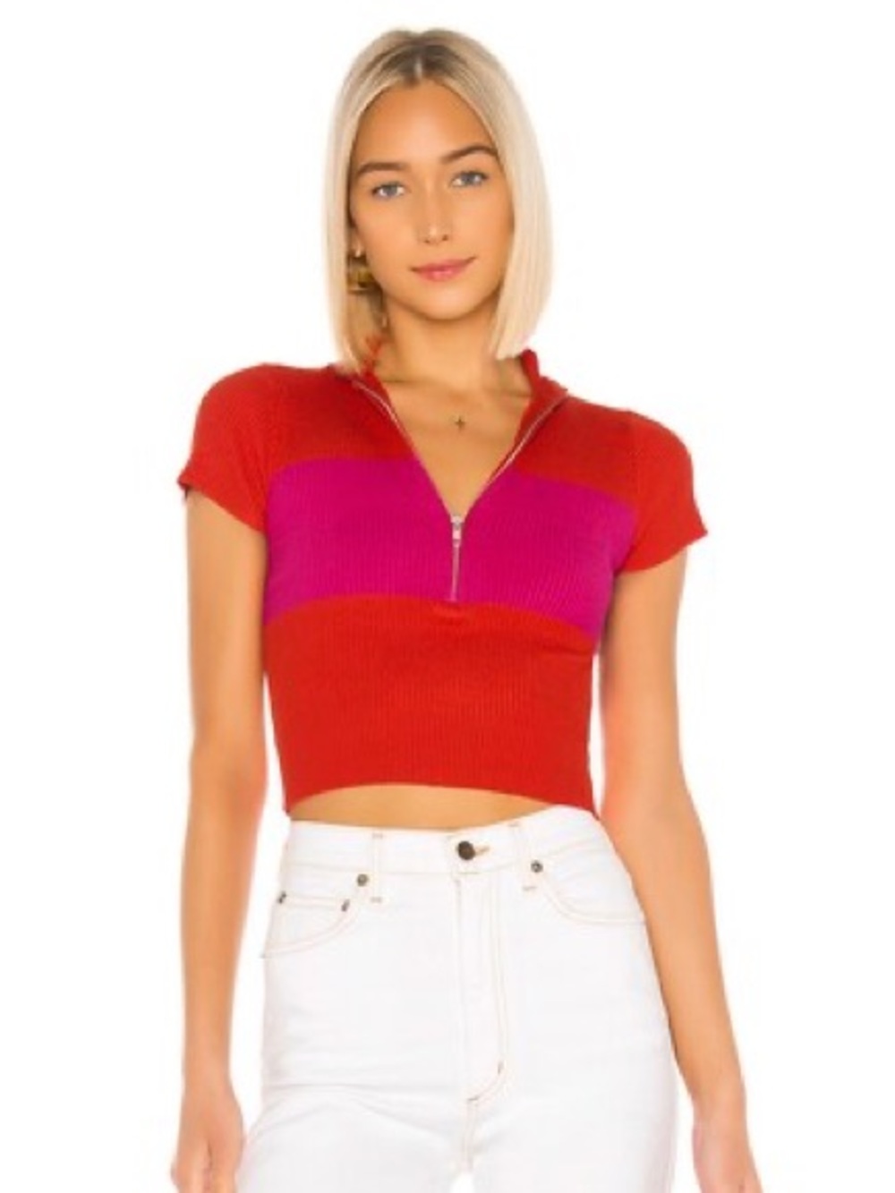 Superdown Hallie Mock Neck Zip Knit Crop Top | Red & Pink | Size Small |